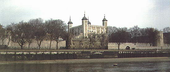 The Tower of London, White Tower prominent, viewed from River Thames